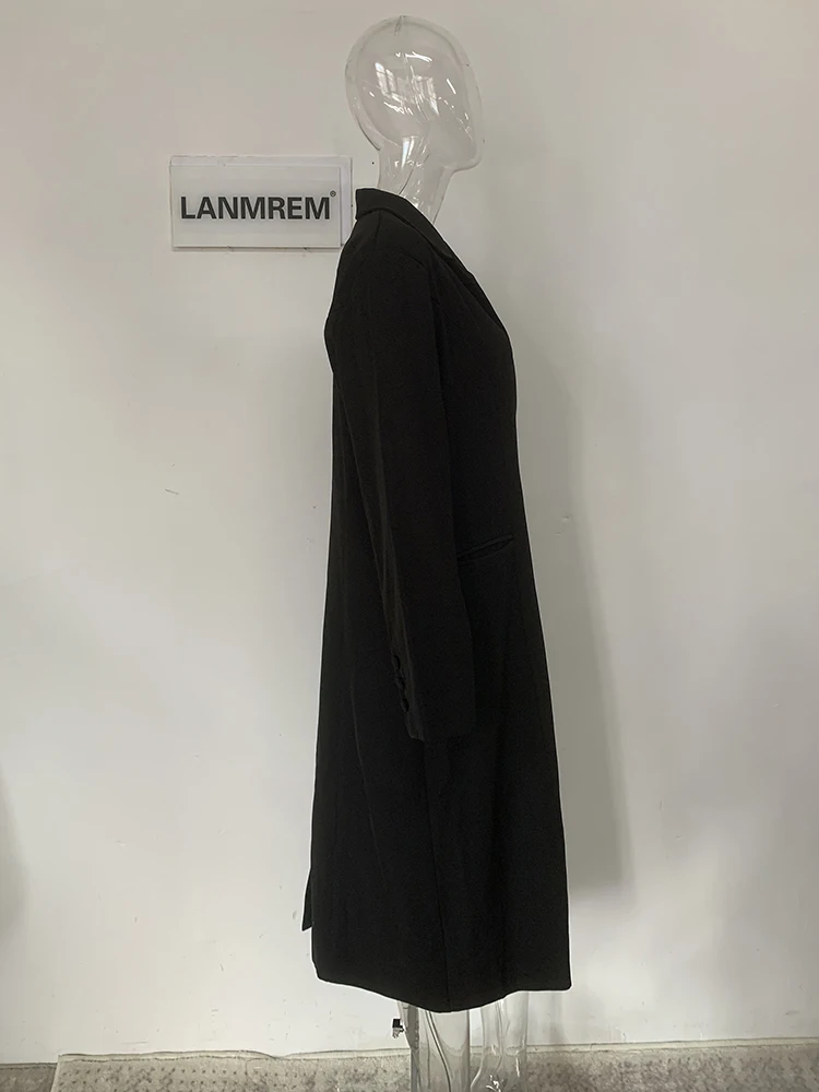 LANMREM Office Lady Long Trench Coat Women Notched Collar Gathered Waist Solid Color Windbreaker Fashion 2024 New 32C933