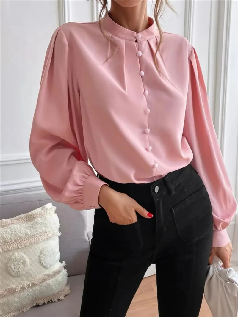 

Wedifor New Fashion Single Breasted Women Blouse And Shirt Long Sleeve O Neck Loose Casual Tops Elegant Simple Office Work Shirt