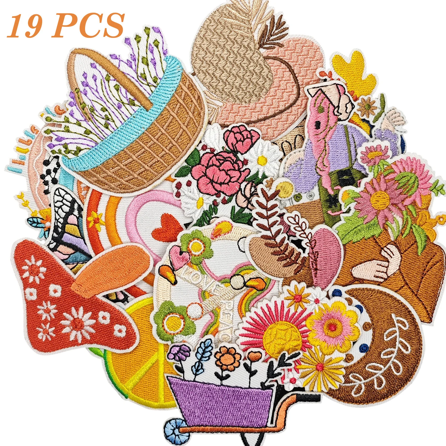 19PCS Flower Basket Iron on Embroidered Patches Elf Appliques