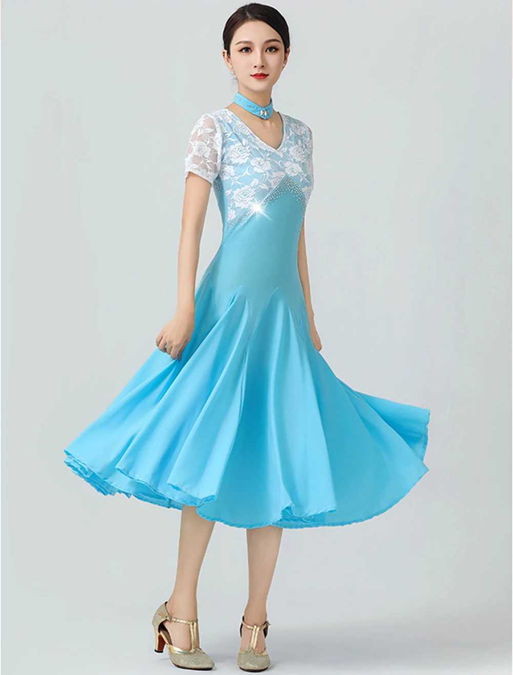 

Standard Dance Competition Dress Short Sleeves V-neck Lace Modern Dance Stage Costume Blue Practice Outfit Woman Ballroom Dress