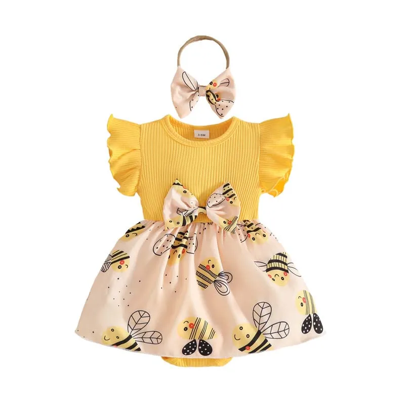 

Летняя одежда для маленьких девочек от 0 до 18 месяцев, боди с рюшами на рукавах и принтом пчел, с повязкой на голову, одежда для новорожденных