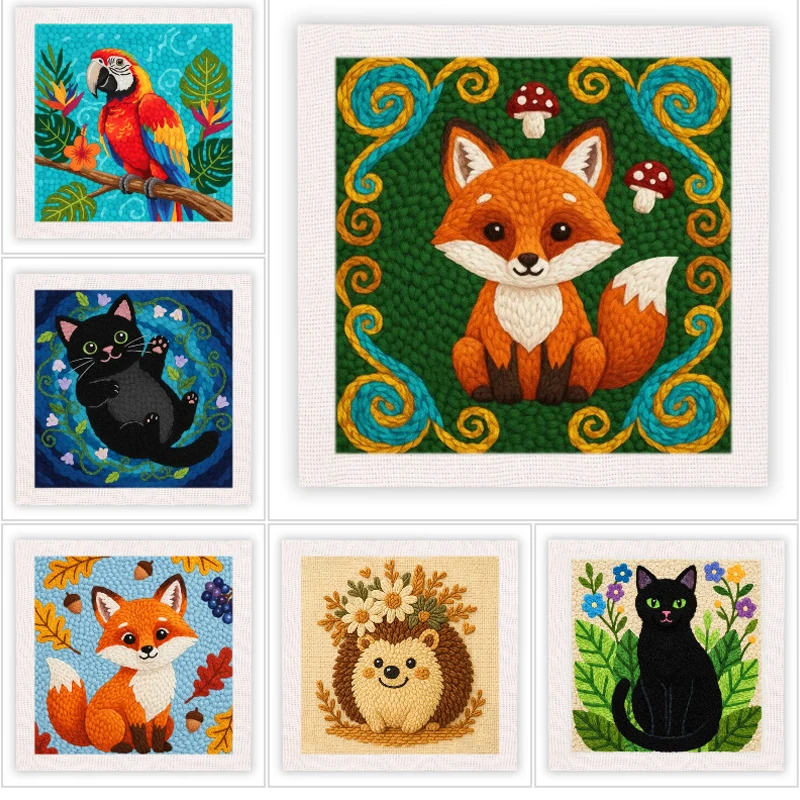 

DIY Punch Needle Embroidery Kit for Adult Beginner Animal Fox Cat Punch Stitching Craft Set for Starter with Frame Fabric
