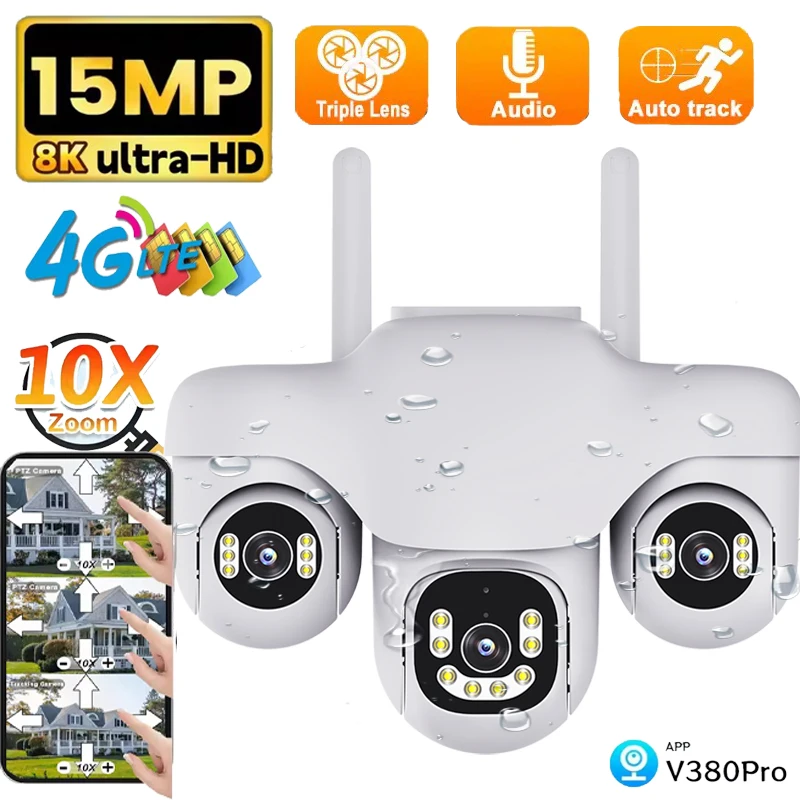 

4G Triple Lens Camera 15MP Home Security Protection CCTV V380 Pro PTZ Outdoor Cam Motion Tracking Two-way Audio Digital Monitor
