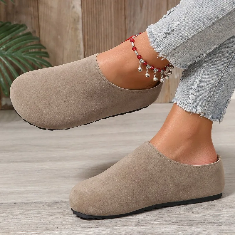 Новые женские тапочки с закрытым носком, замшевые сабо с круглым носком, однотонные женские туфли-лодочки в стиле ретро на толстой подошве, Zapatos De Mujer