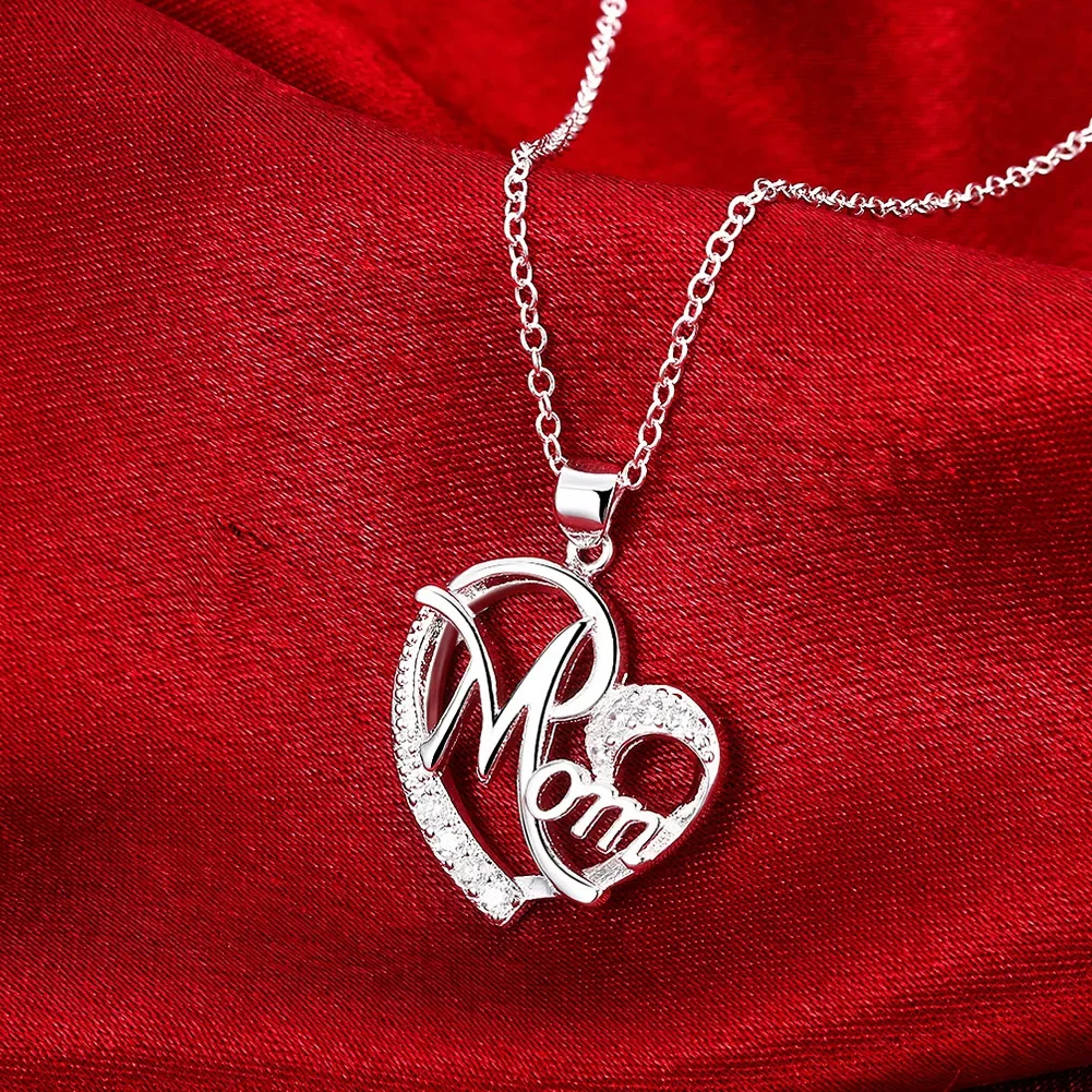 High quality 925 Sterling Silver Charm Elegant MOM Zircon Heart Pendant Necklace for Women Fashion fine Jewelry Mother Day Gift