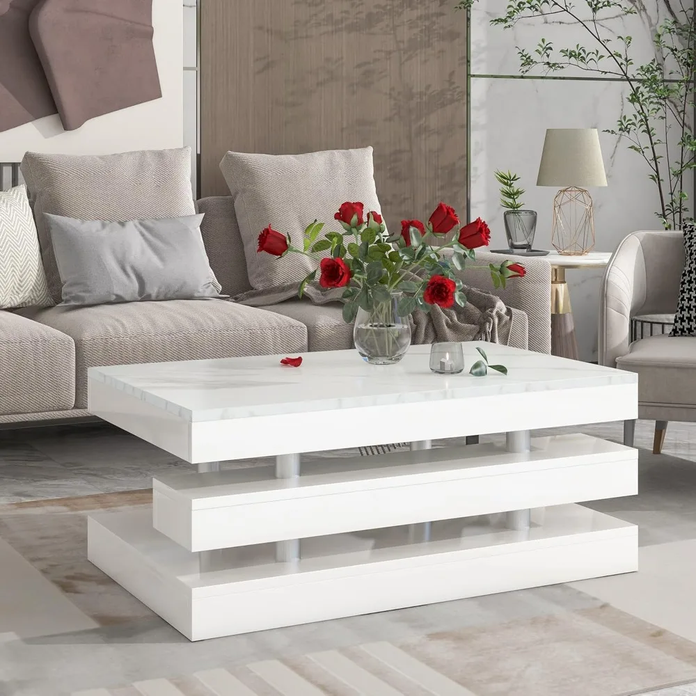 Modern Minimalist Rectangle 2-Tier Coffee Table with High-Gloss UV Surface for Living Room