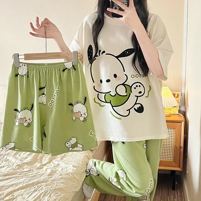 Sanrio pacha cão outono algodão novas calças de manga curta de três peças pijamas femininos de seda conjunto loungewear feminino