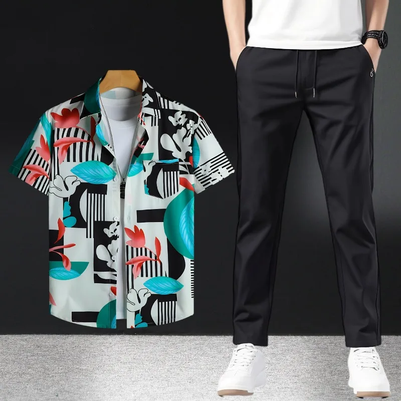 إنجلترا نمط رجل الصيف عارضة الزي قصيرة الأكمام طباعة القمصان والسراويل قطعتين مجموعة رقيقة النسيج خفيفة الوزن تنفس