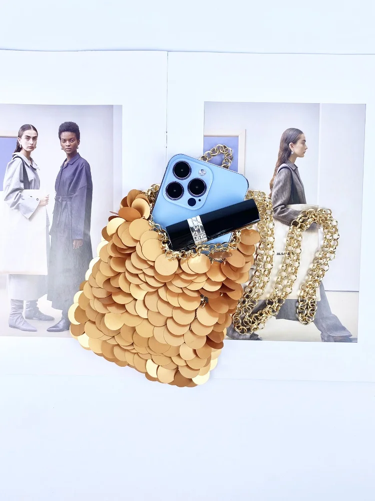 แฟชั่นโลหะSequinsถักกระเป๋าผู้หญิงLuxury Designerยาวเงาไหล่กระเป๋าหญิงงานแต่งงานคลัทช์กระเป๋า
