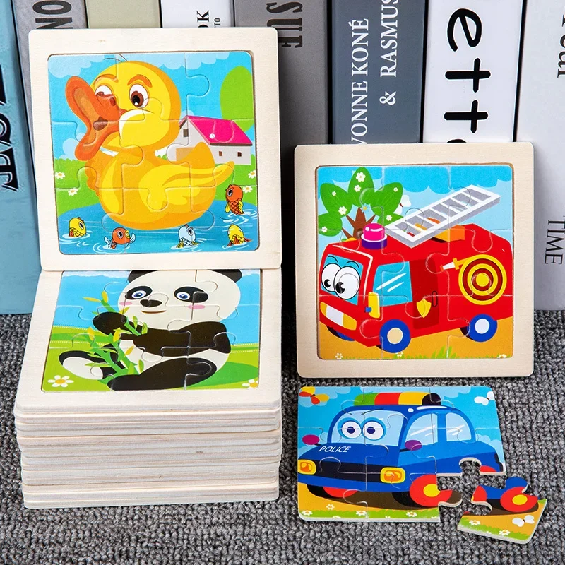 9 Pieces Wooden Puzzle Cartoon Dinosaur Transportation Montessori 3d Puzzle Game Early Learning Educational Toys for Children