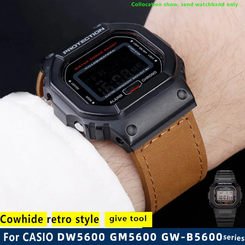 Vintage frosted  cowhide  watch strap For G-SHOCK Casio DW5600 GW-B5600 GM-5600 series modified retro cowhide strap 16mm