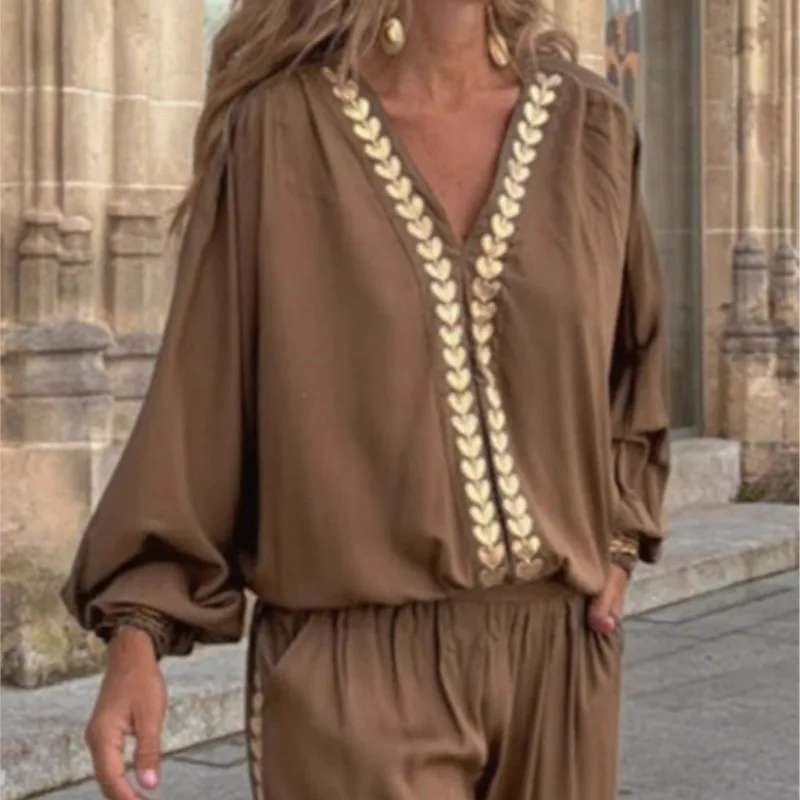 

Сексуальный топ с длинными рукавами и v-образным вырезом с золотой лентой, модный комплект из двух предметов, весенне-осенняя женская одежда, новая коллекция