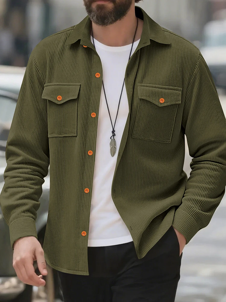 

Casual Men's Corduroy Shirt Jacket Spring Autumn Vintage Button-up Turn-down Collar Cargo Jackets Men Fashion Textured Cardigans