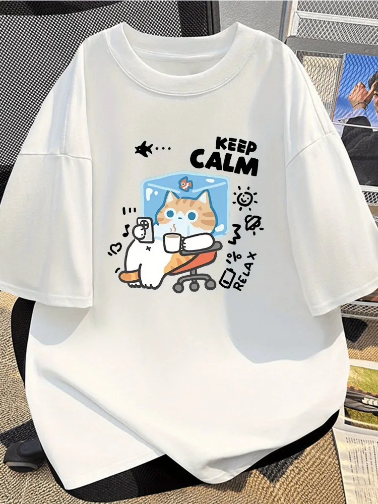 

Cartoon Cat Pattern Printed Design Women Pure Cotton Short Sleeved T-shirt American Minimalist Style Top Loose Shirt Street Wear