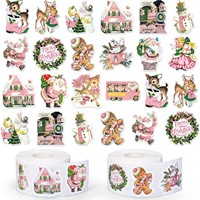 500pcs/roll Pink Christmas Stickers, Winter Cartoon Retro Christmas Sticker Rolls Pink Victorian Santa Claus Elk Snowman Gingerb