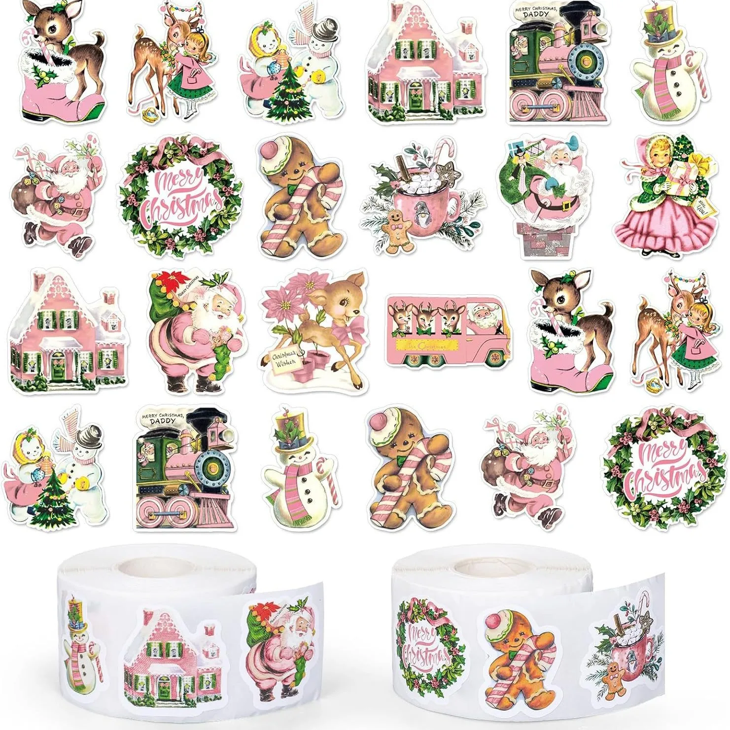 500pcs/roll Pink Christmas Stickers, Winter Cartoon Retro Christmas Sticker Rolls Pink Victorian Santa Claus Elk Snowman Gingerb