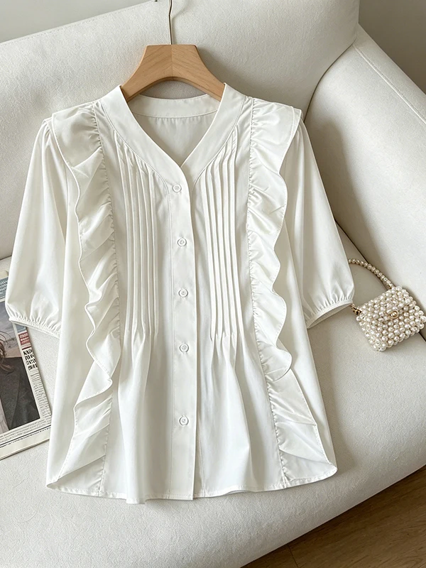 

plus Size Women's Shirt Summer Loose Short Sleeve Slimming V-Neck Korean Style Commute Fashion Big Sister Belly Cover up