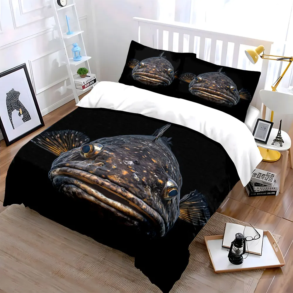 Stunning close-up of wild fish face Duvet Cover Set with 3D Printing Design Soft Polyester Bedding Set All-Season Comfort