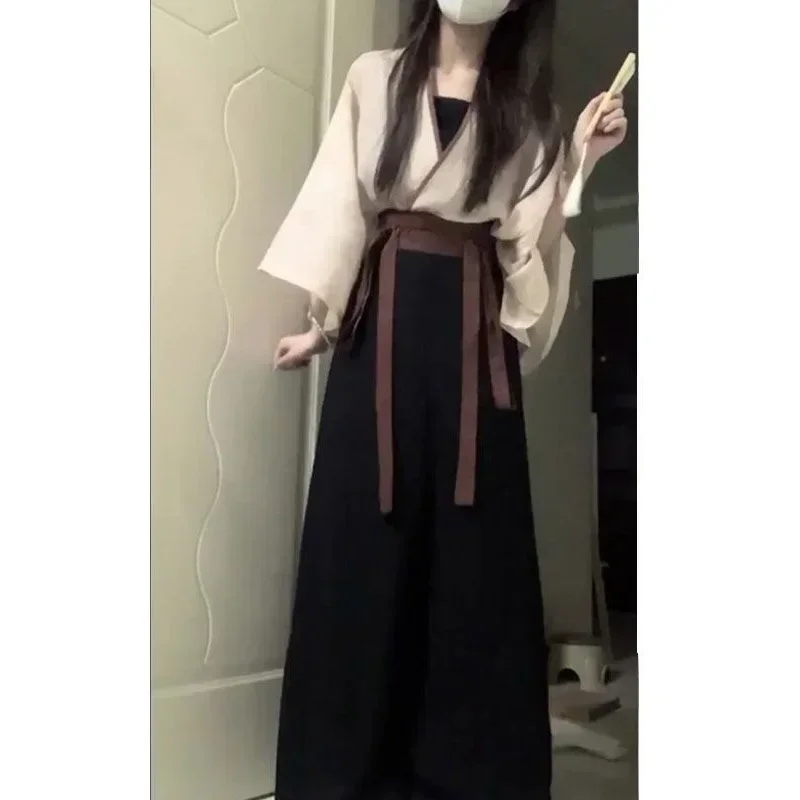 Vestido Hanfu de lino y algodón para mujer, ropa tradicional china de 3 piezas, Kimono japonés con cordones, heroína de Cosplay, 2023