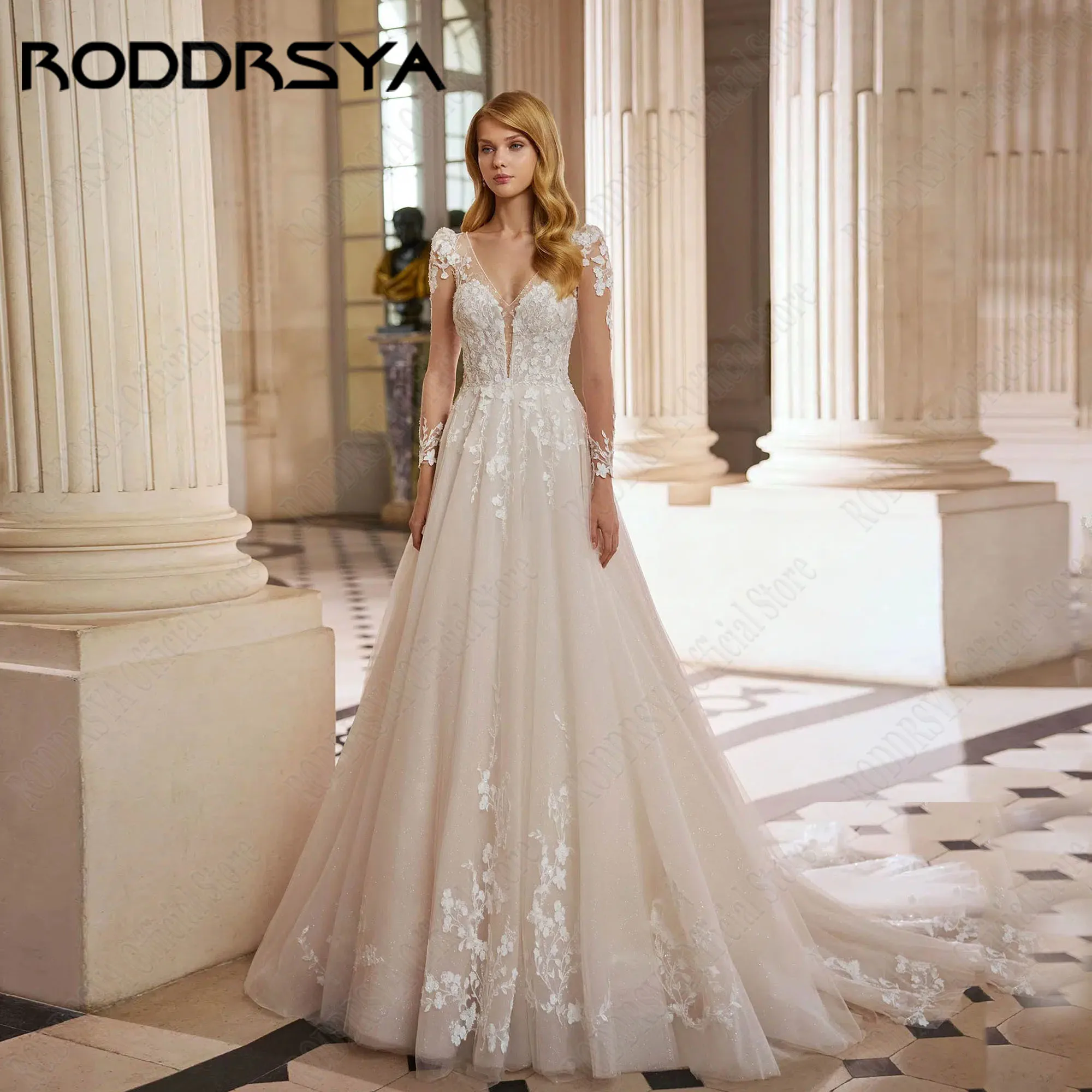 

RODDRSYA Long Sleeve Lace Wedding Dress V-Neck Applique See Through Charming Bride Gowns A-Line Tulle Customized Robe De Mariée