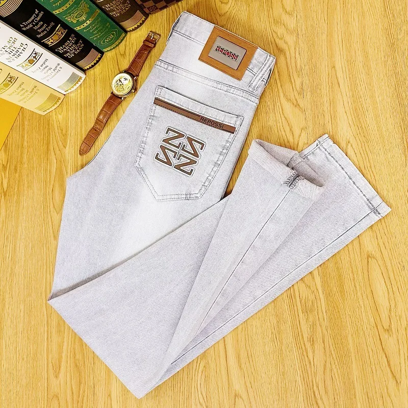 Jeans de luxo leve masculino, de estilo fino, em relevo cinza, elástico, cintura média, justo, pequeno, reto, calça alta, verão