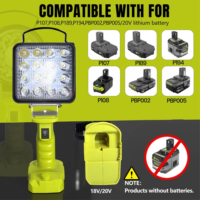 LED Alarm Work Light torcia proiettore torcia elettrica faretto lampada da campeggio per Ryobi 18V litio nichel One + batteria P108