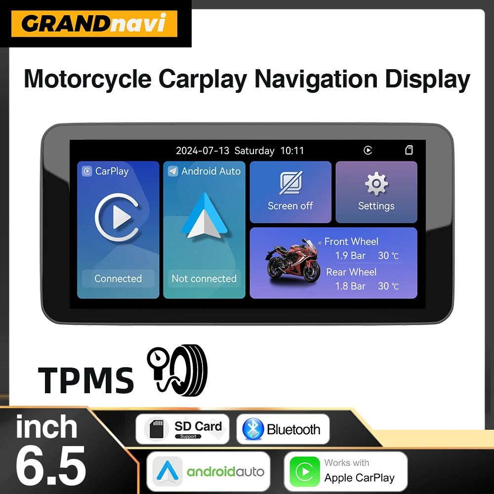 

Universal 6.5" Motorcycle Navigation Wireless CarPlay Android Auto Portable Smart Display GPS IP67 Waterproof Bluetooth Monitor
