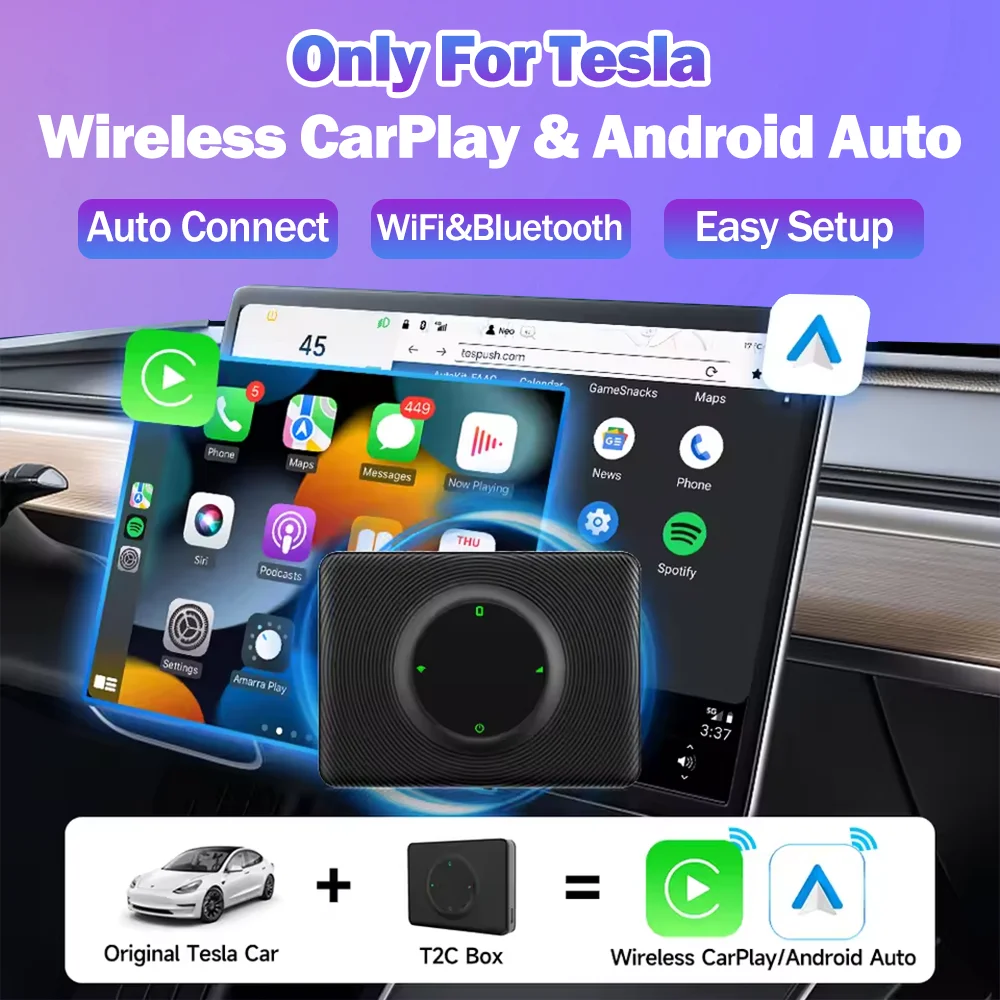 

T2C CarPlay Android Auto Adapter Wireless for Tesla Model 3 Model Y S X Cybertruck Upgrade Auto-Connect Voice Control Waze Tmap