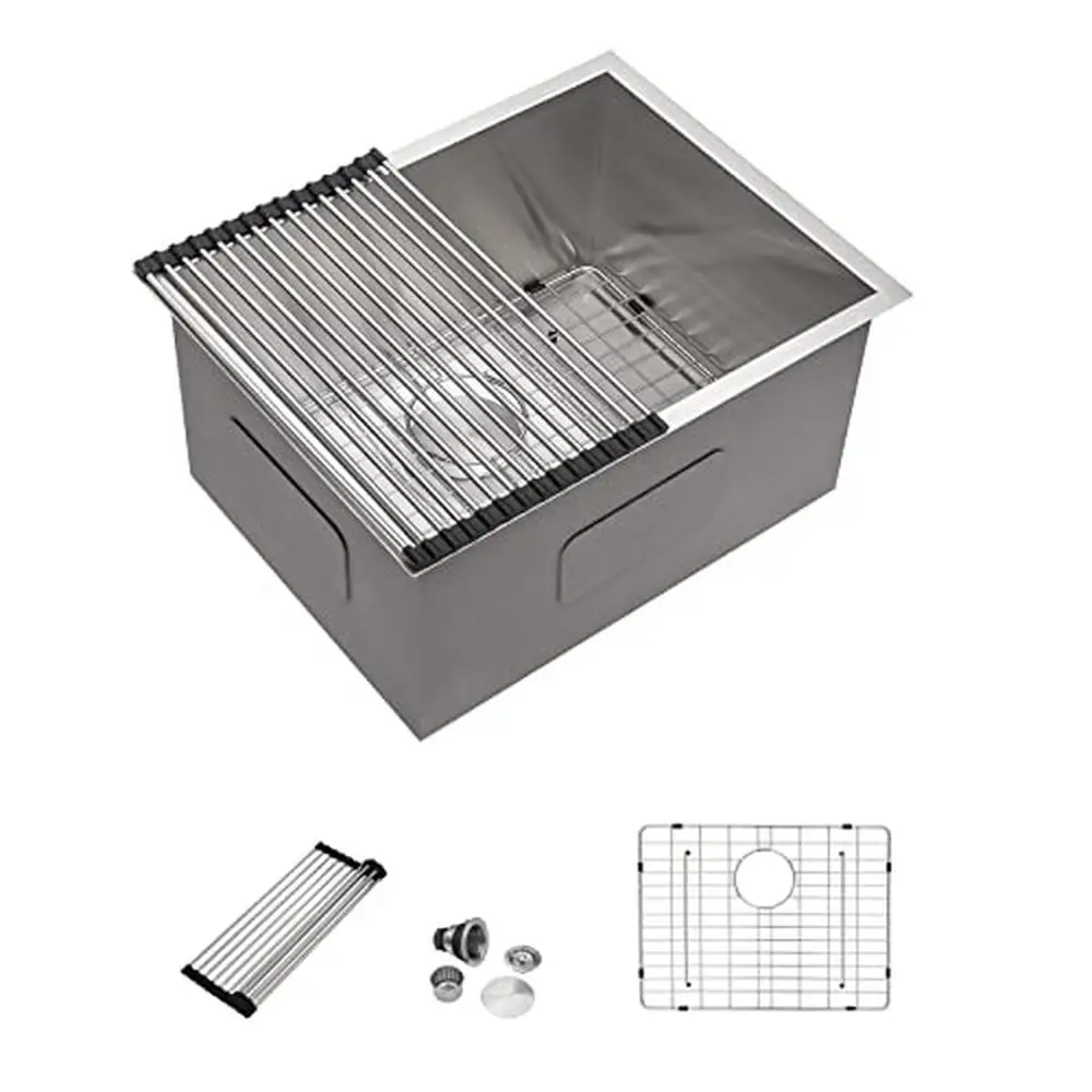 Utility Sink 24 Inch Single Bowl Stainless Steel Laundry Room Basin with Drain Assembly and Accessories