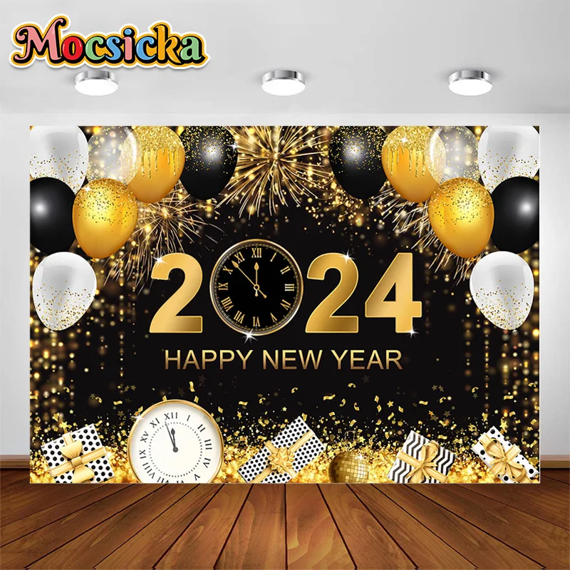 Mocsicka Cheers to 2024 Eve Photography Background Happy New Year Fireworks Glitter Party Portrait Decor Photo Backdrop Studio