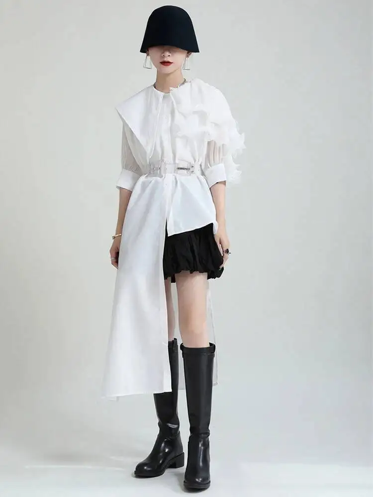 

Green Pleated Belted Women Irregular Long Blouse New Lapel Half Sleeve Shirt Fashion Spring Summer 2026 1DD6A