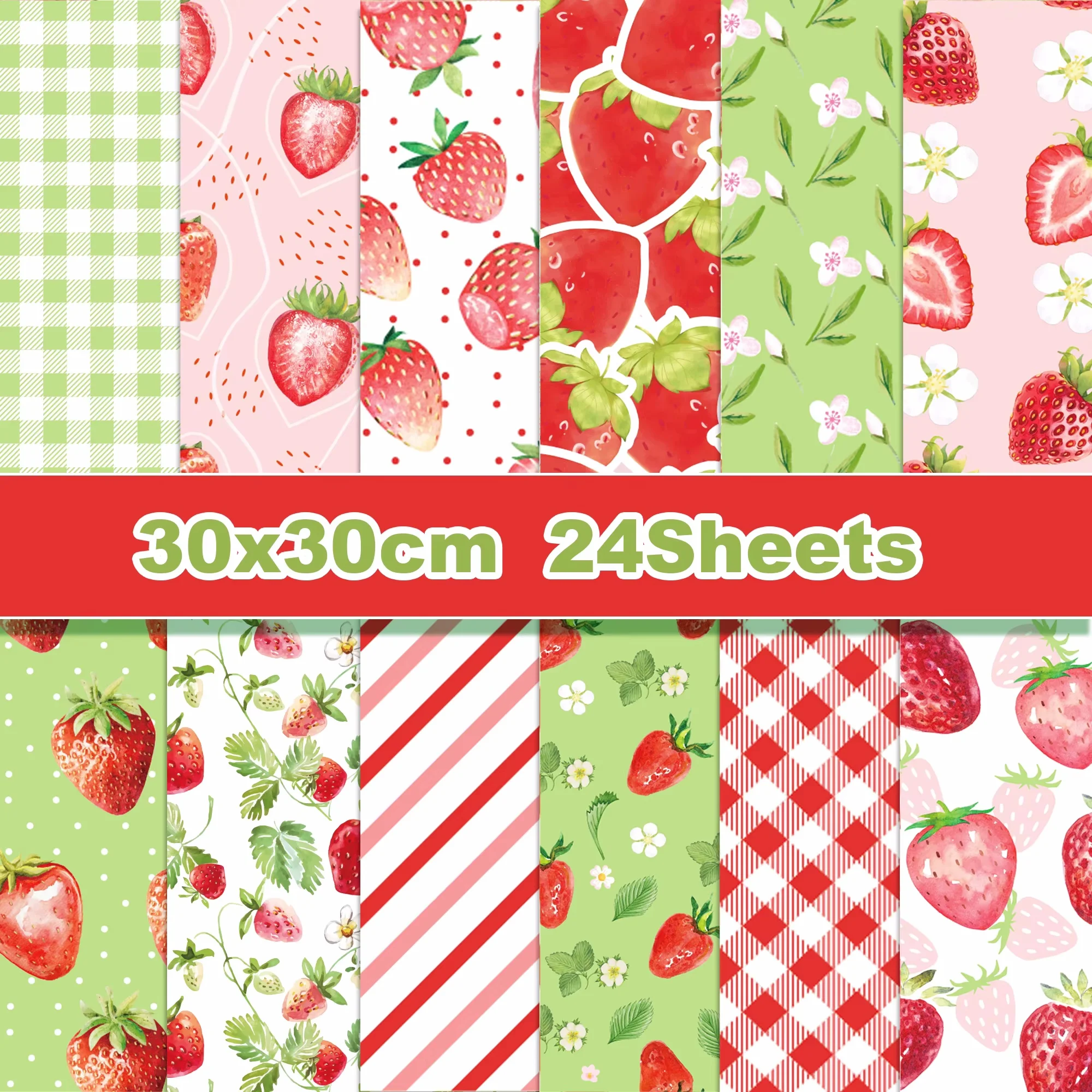 24 Stück Erdbeer-Scrapbook-Papier, Party-Geschenke, dekorative Verpackung, Bastelpapier, 30 x 30 cm