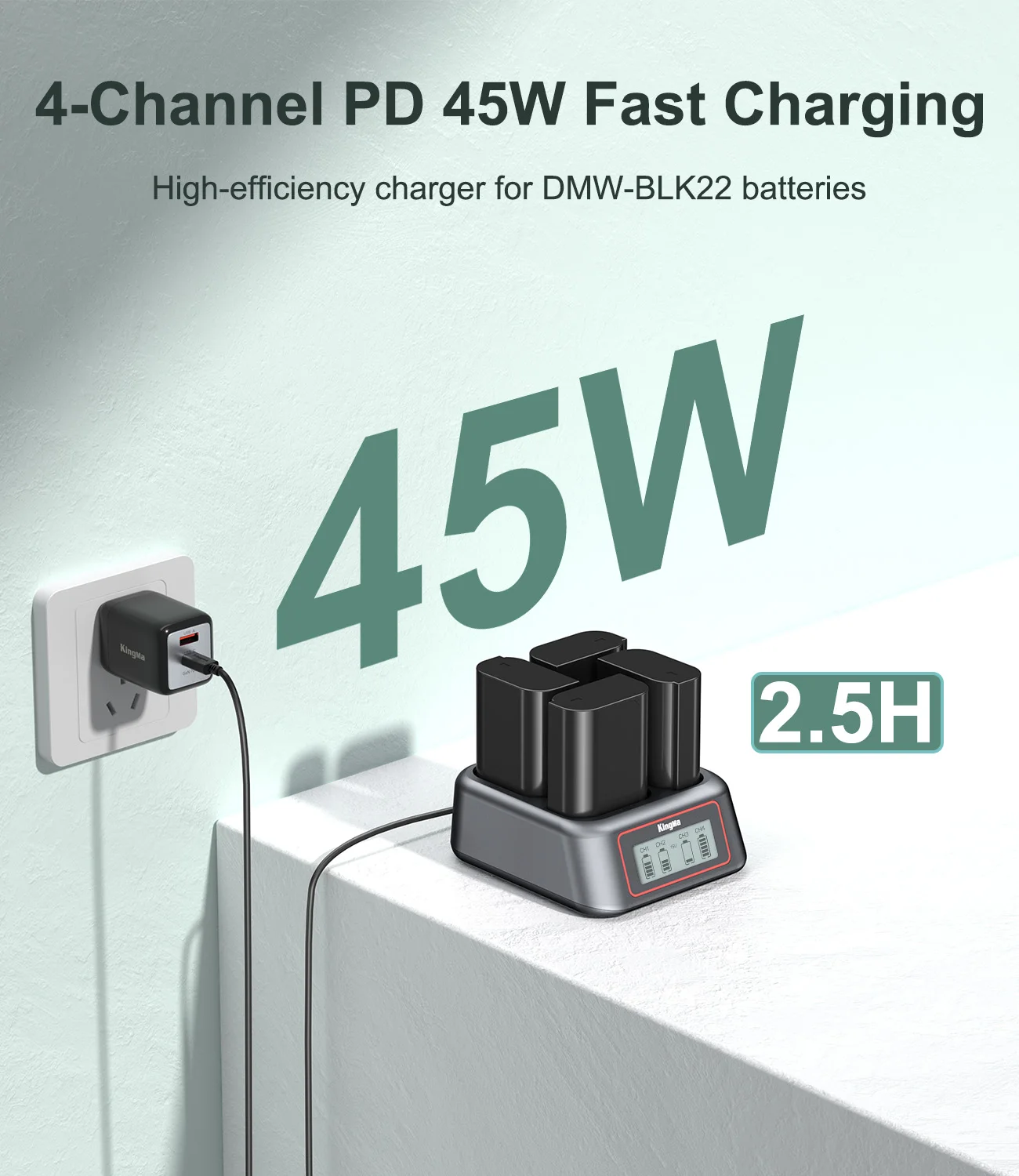 4-Slot 45W PD USB-C Fast Charger for DMW-BLK22 W/LCD, for Panasonic GH7, S9, GH6, S5 IIX, S5 II, G9 II, GH5 II