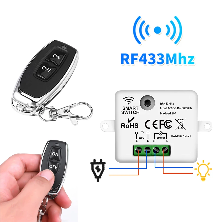 Kabelloser RF433MHz Lichtschalter Fernbedienung 100-240V 10A Relais-Empfänger Ein/Aus-Taste Sender Schalter LED-Beleuchtung DIY-Steuerung