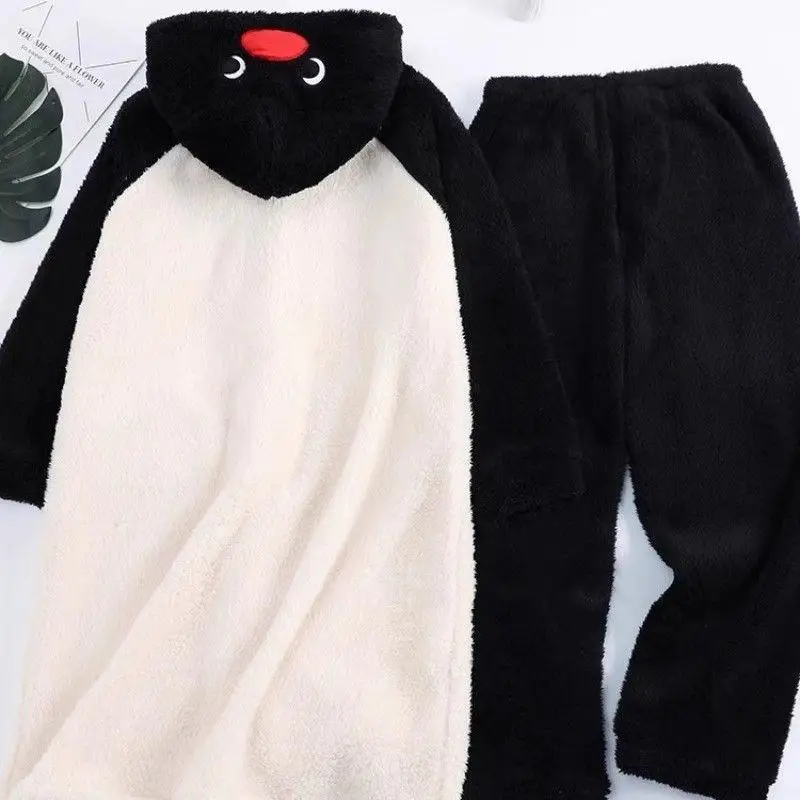 Kawaii Pingu Pajamas for Women Winter Coral Velvet Robe Cute Cartoon Plus Velvet Thickened Home Clothes Set Can Be Worn Outside