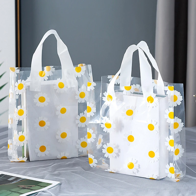 5/10Pcs Gift Bags Printed Daisy Transparent Tote Portable Bag Fashion Packing Shopping Casual Handbag Waterproof Bag