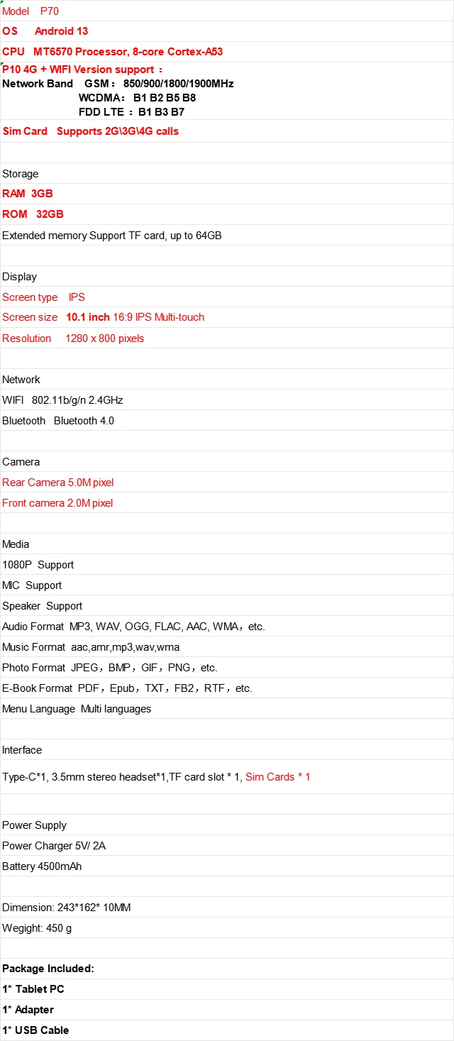 Hot Salea Type-C 10.1 Inch 4G Phone Call Android 13 Tablet PC MT6570 8-core CPU 3GB RAM 32GB ROM 1280 X 800 Pixels 1*Sim Cards