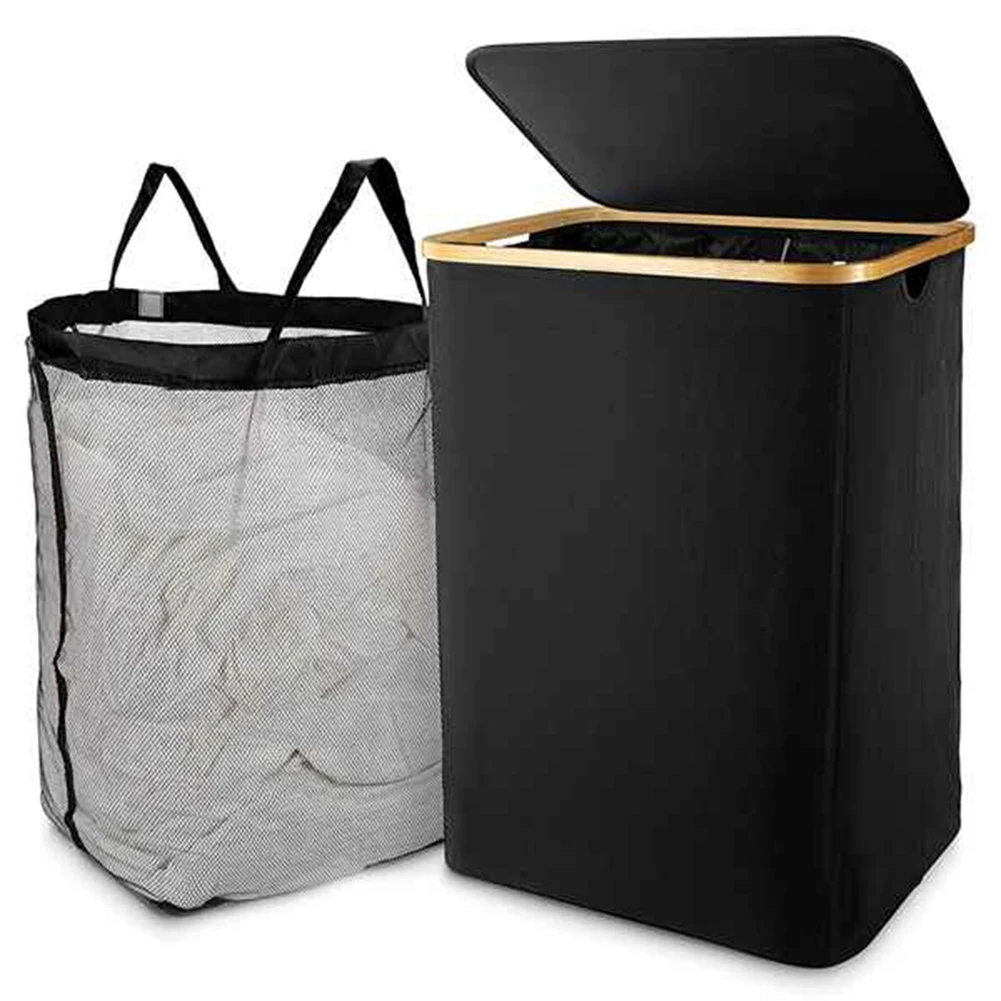 

Laundry Basket with Lid, Black Laundry Basket with Removable Laundry Bag - Laundry Sorter for Bathroom & Bedroom