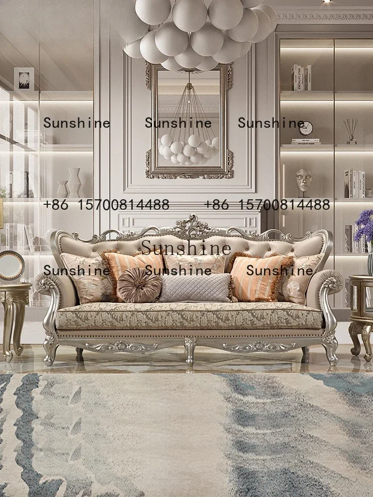 American fabric sofa European solid wood leather first layer cowhide light luxury living room combination carvingR