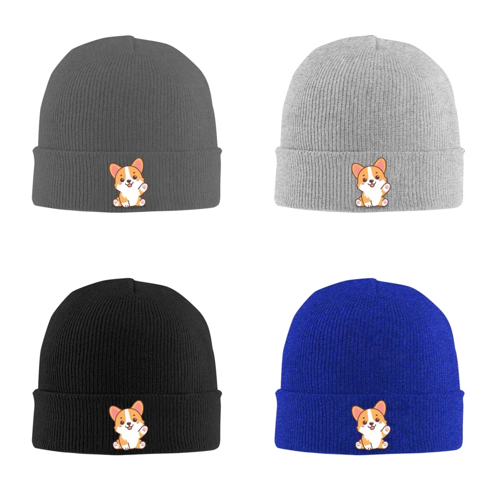 Cute corgi puppy Unisex Knitted Hat Outdoor Warm Men Solid Color Crimping Skullies Beanie Cap Hip Hop