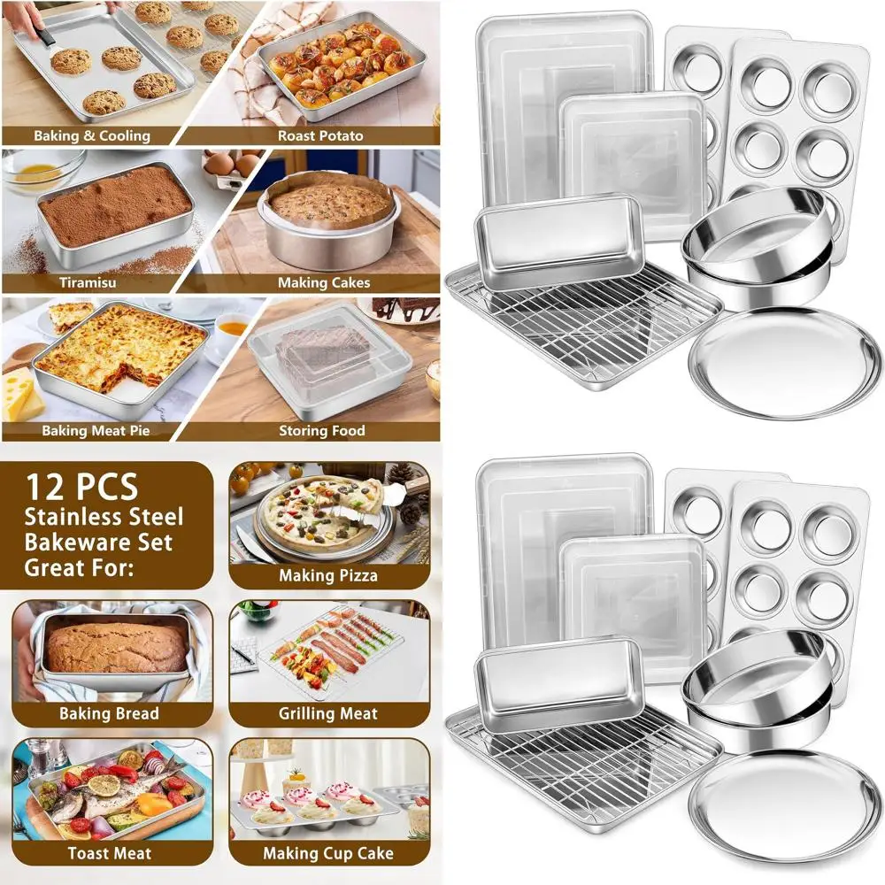 

Набор для выпечки из нержавеющей стали из 12 предметов: противни, подставка, противень для торта с крышкой, лазаньи, буханка, кексы, противень для пиццы и 2 крышки
