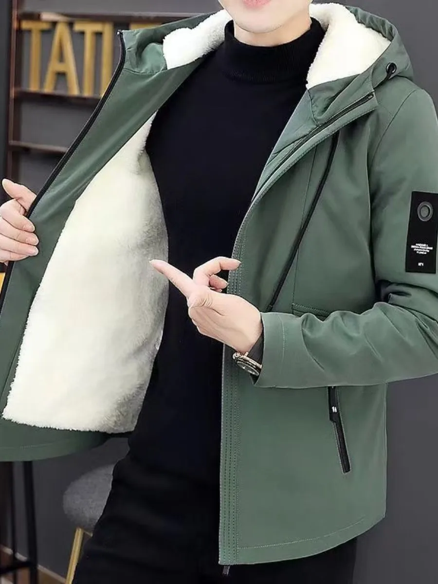 

Men's Fce Lined Thiened Hooded Jaet Loose Fit Autumn Winter Coat Korean Sle Trendy Casual Student Wear Polyester