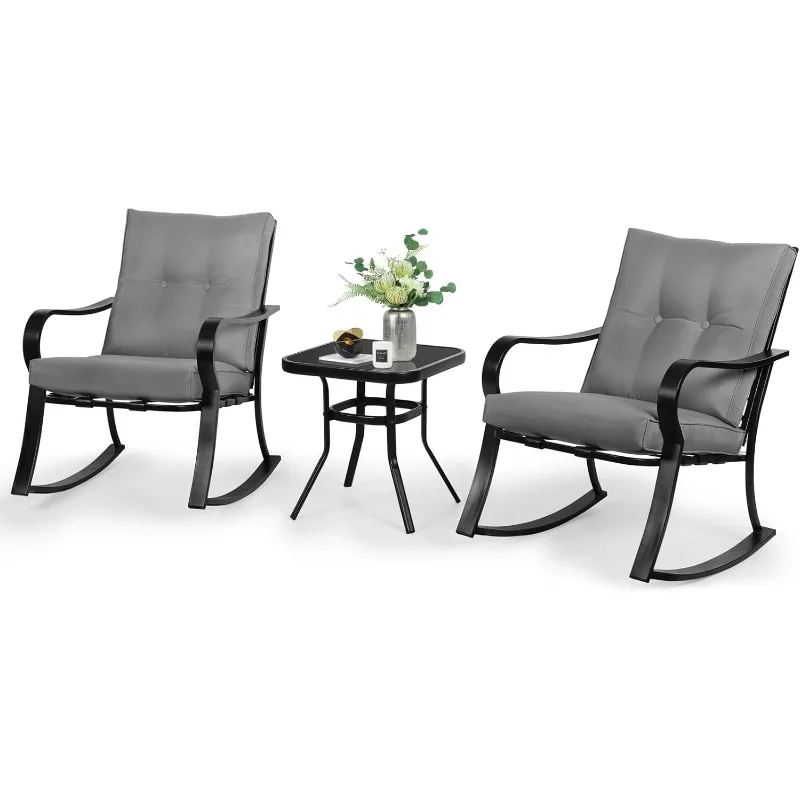 

3 Piece Outdoor Rocking Chairs Bistro Set, Metal Frame Patio Conversation Sets with Glass-Top Coffee Table and Cushions