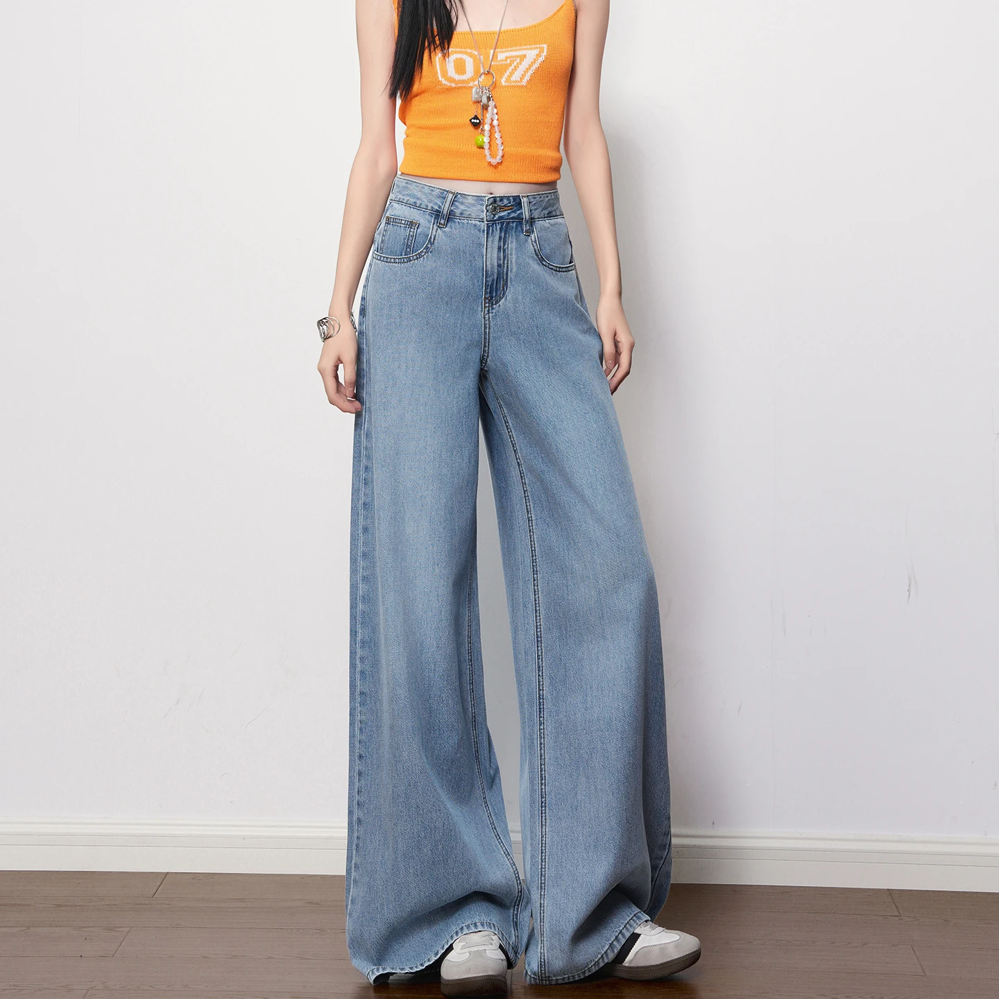 High Waist Flip Pocket Blue Textured Micro Flare Wide Leg Pants Women