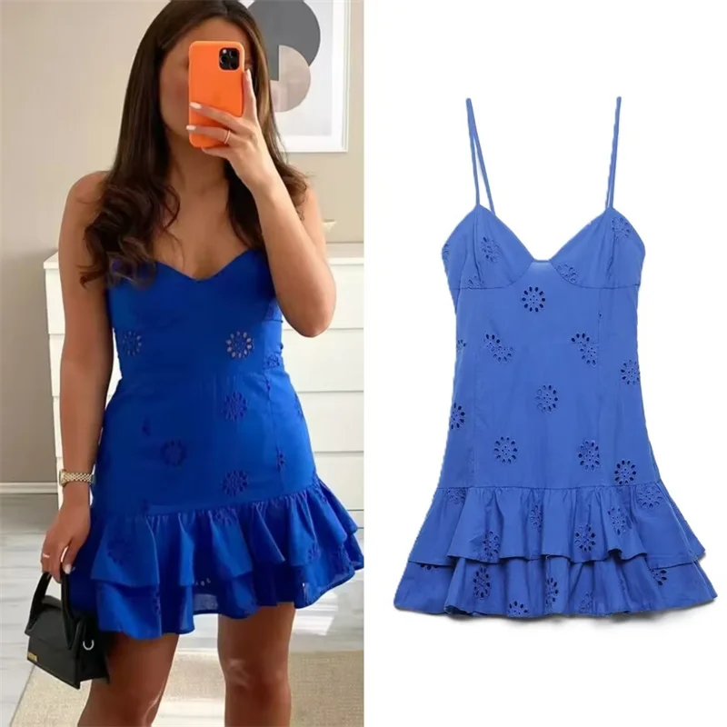 

Women's Dress 2026 Summer New Blue Strappy Layered Decorative Sexy Short Dress Vacation Style Fashionable