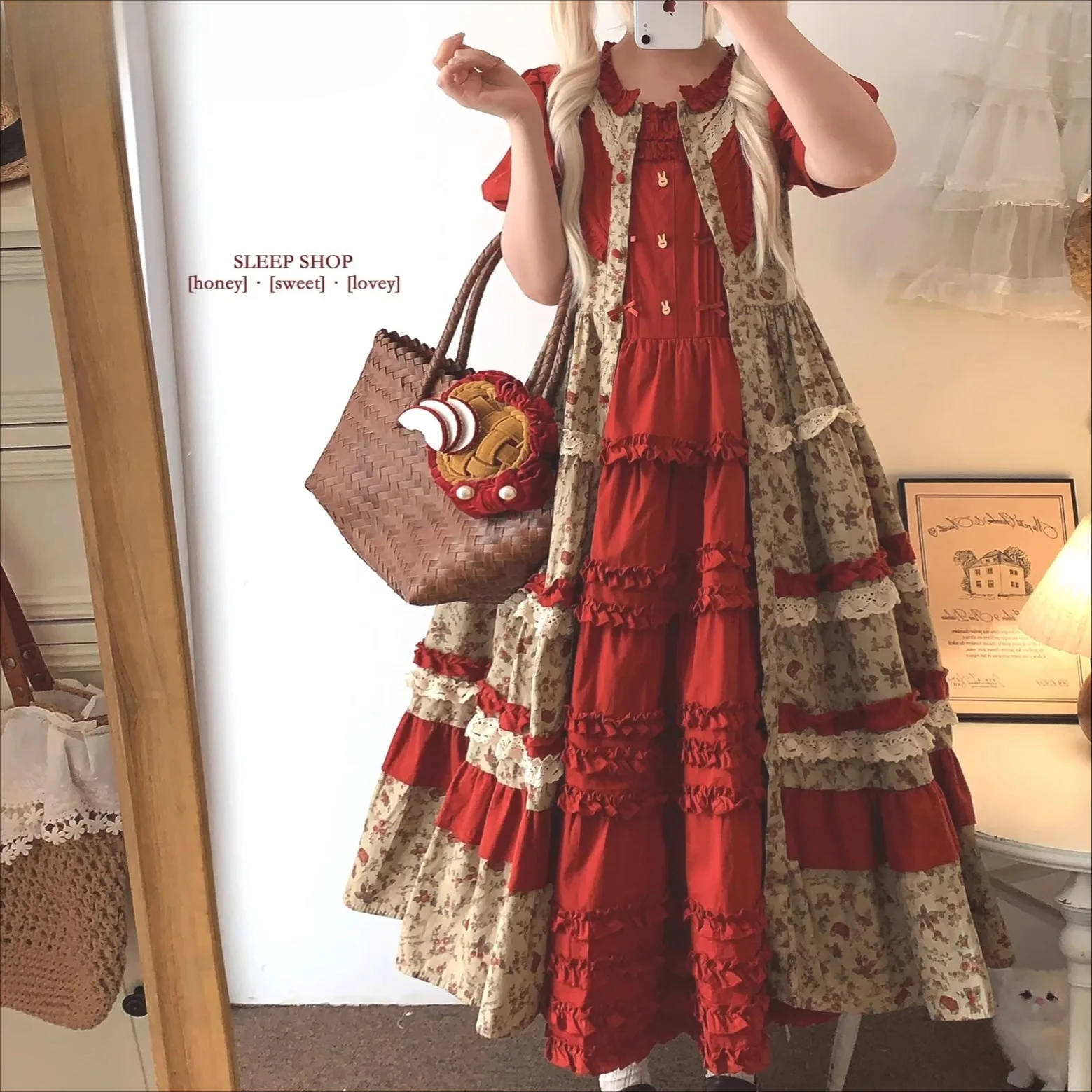 

Элегантное однобортное платье Mori Girl с оборками и круглым вырезом, длинными рукавами, с высокой талией, тонкое красное длинное платье с принтом, 2025, горячая распродажа