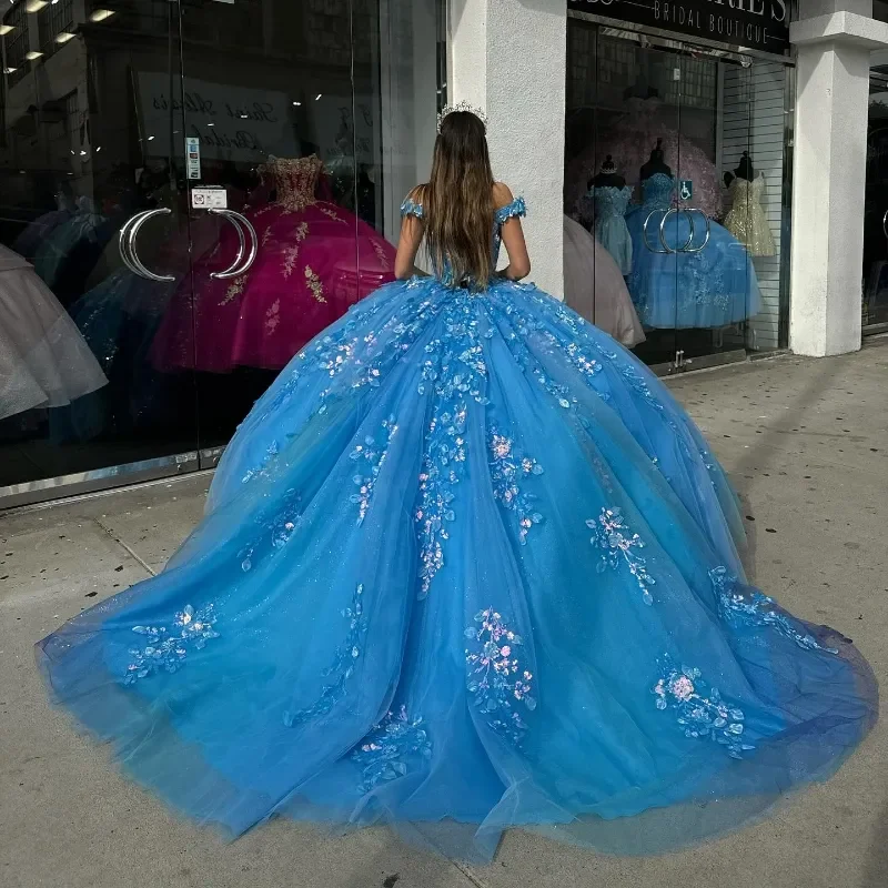 Синее блестящее бальное платье с открытыми плечами, платья Quinceanera для девочек, кружевное платье с аппликацией для дня рождения, Sweet 16, Vestido De 15 Anos