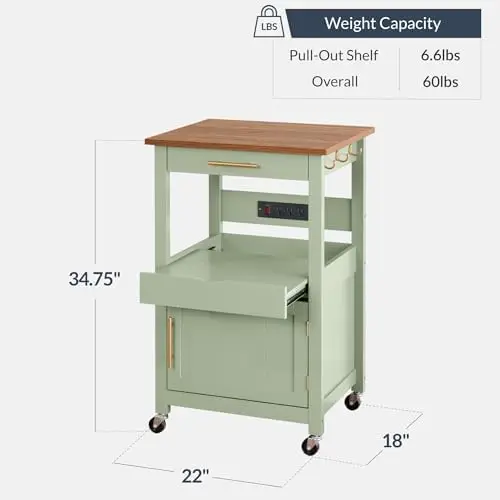 Rolling Kitchen Island Cart, Single Door Cabinet W/Drawer, Sliding Tray, Outlet, Swivel Lockable Wheels, Hooks, Coffee
