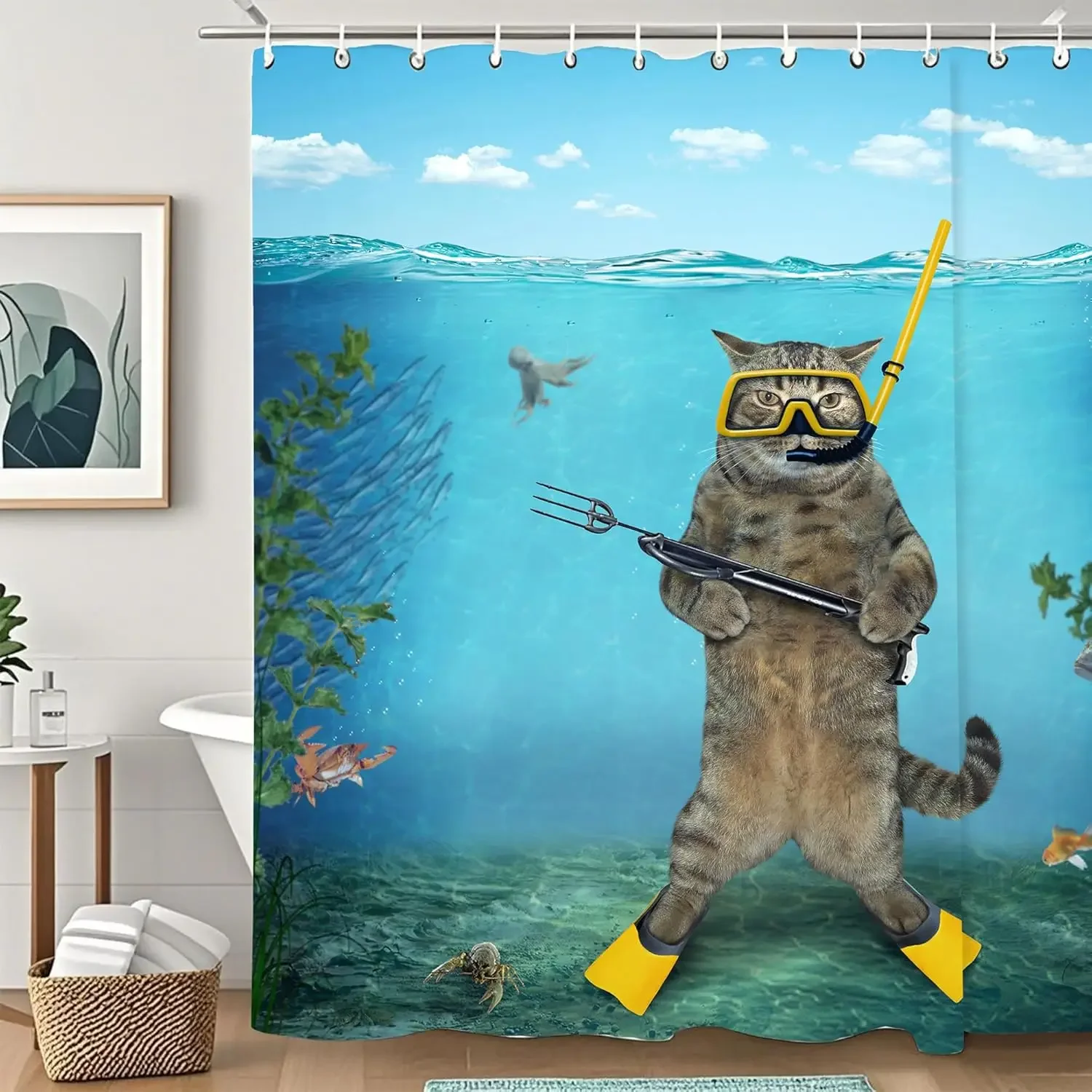 

Funny Cat Blue Sea Ocean Shower Curtain,Bathroom Shower Curtains Bathtub Home Decor Waterproof Fabric Machine Washable with
