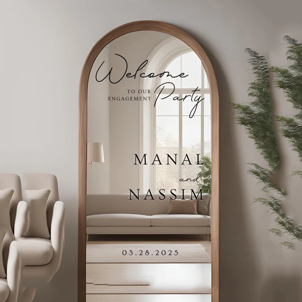 Welcome To Our Engagement Party Mirror Vinyl Decal Custom Welcome Wedding Sticker Spersonalizowane naklejki ścienne z imieniem i datą